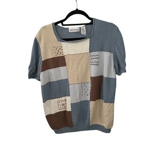 Vintage Blue & Brown Patchwork Embroidered Short Sleeve Sweater